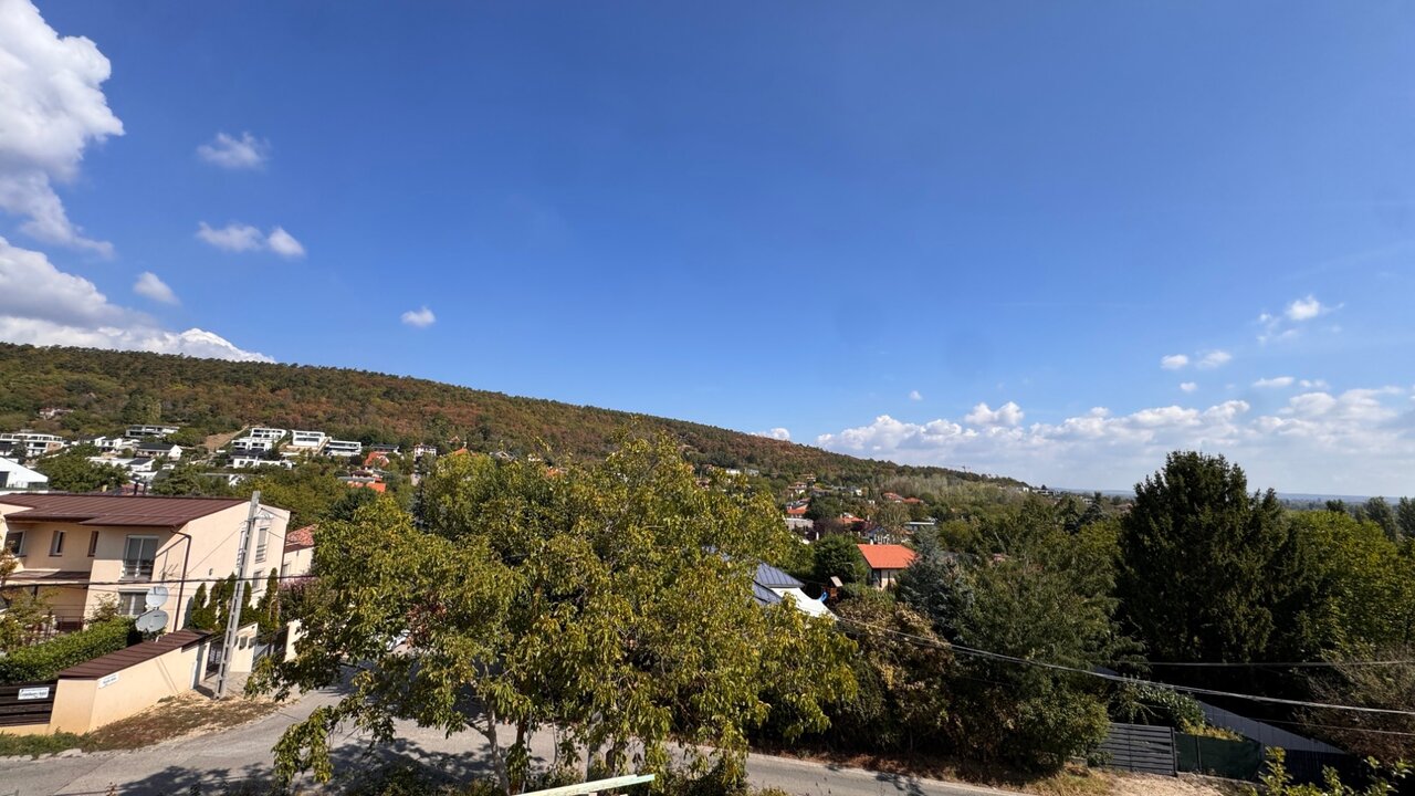Panorámás kilátás az aranyhegyi domboldali lakóövezetre modern házakkal és dús növényzettel
